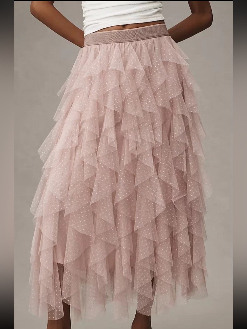 Anthropologie Cheri Tulle Layered Tiered Polka Dot Midi Skirt in Dusty Pink, 2X - Picture 1 of 16
